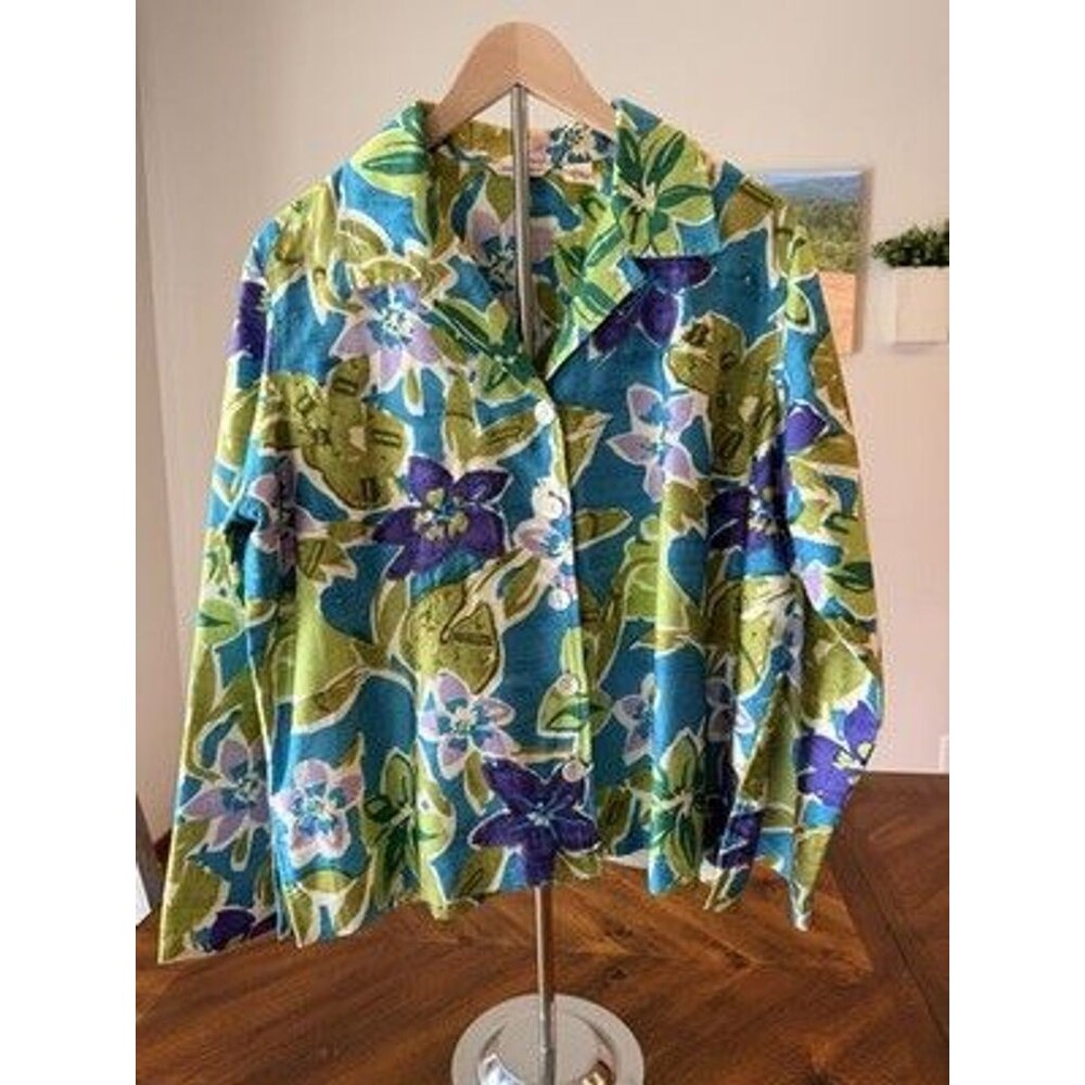 Laura Ashley Womens L Silk Jacket Floral Embroidered Beaded Blazer Boho Colorful